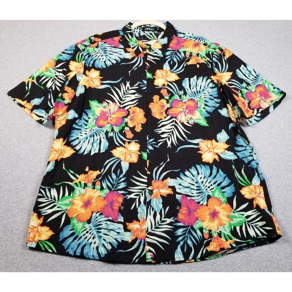 JOGAL Button Up Shirt Mens XL Black Floral Hawaiian Tropical Short Sleeve Camp